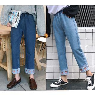 Embroidered Cropped Straight-cut Jeans