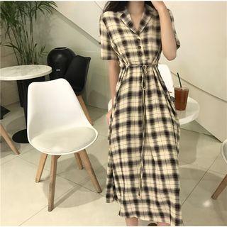 Checked Tie-waist Short-sleeve Midi A-line Dress As Shown In Figure - One Size