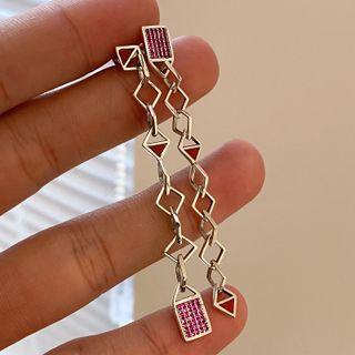 Sterling Silver Cz Drop Earring 1 Pair - Asymmetric - Silver & Rose Pink - One Size