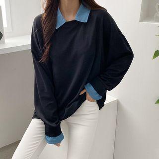 Collared Denim-panel Sweatshirt