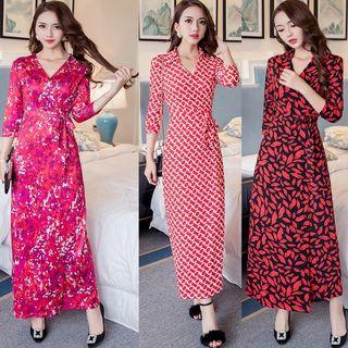 Print 3/4-sleeve Maxi Wrap Dress