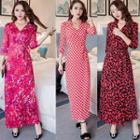 Print 3/4-sleeve Maxi Wrap Dress