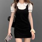 Puff-sleeve Mock Two-piece Mini Collared Dress Black & White - One Size
