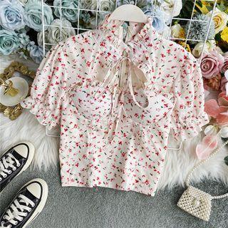 Frill-hem Keyhole Short-sleeve Floral Print Blouse