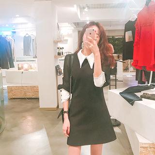 Sheer-sleeve Collared Mini Sheath Dress