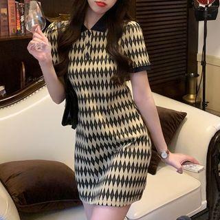 Short-sleeve Argyle Print Polo Bodycon Dress