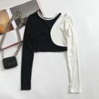 Cut-out Two-tone Knit Top Black & White - One Size