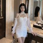 Long-sleeve Halter-neck Ruched Mini Dress