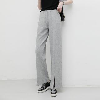 High-waist Plain Split Straight-cut Pants