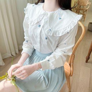 Frilled-collar Flower-embroidered Blouse White - One Size