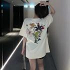 Elbow-sleeve Floral Print T-shirt Almond - One Size
