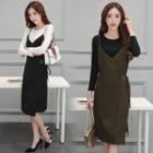 Set: Long-sleeve Top + Sleeveless Spaghetti-strap Dress