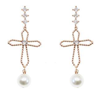 Faux Pearl Rhinestone Cross Dangle Earring
