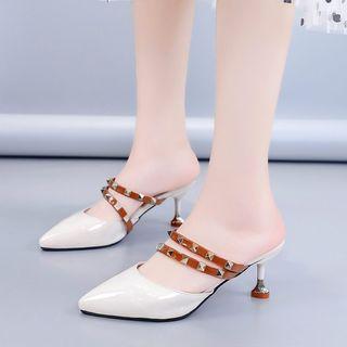 Studded Strap Pointed Kitten Heel Mules