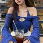 Set: Halter-neck Knit Top + Crop Sweater