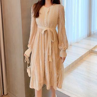 Long-sleeve Knit Tie-waist A-line Dress