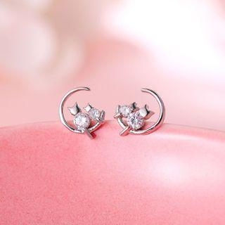 925 Sterling Silver Rhinestone Moon & Cat Earring 1 Pair - Stud Earrings - Silver - One Size