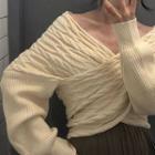 V-neck Long-sleeve Knit Sweater Almond - One Size