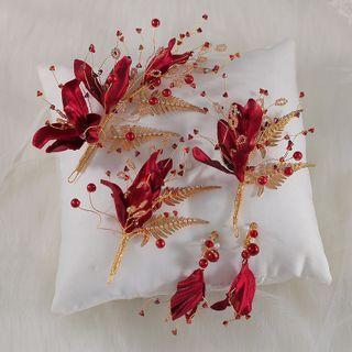 Flower Wedding Dangle Earring Clip On Earring - Red & Gold - One Size