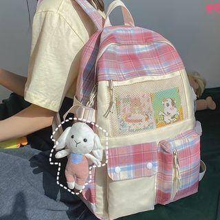 Plaid Panel Buckled Zip Nylon Backpack