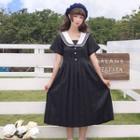 Sailor Collar Short-sleeve Midi A-line Dress Black - One Size