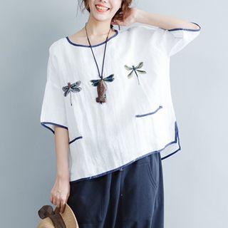 Elbow-sleeve Contrast Trim Embroidery Top