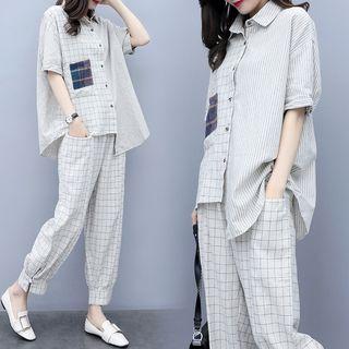 Set: Elbow-sleeve Pattern Paneled Shirt + Harem Pants