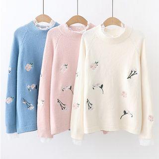 Lace Panel Floral Embroidered Sweater