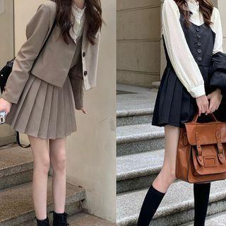 Long-sleeve Lace Shirt / Accordion Pleat Suspender Skirt / Plain Blazer