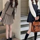 Long-sleeve Lace Shirt / Accordion Pleat Suspender Skirt / Plain Blazer