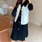 Plain Long-sleeve A-line Shirt Dress / Vest / Set