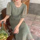Puff-sleeve Flower Print Midi Sheath Dress Green - One Size