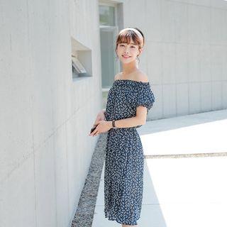 Off-shoulder Gathered-waist Floral Long Dress