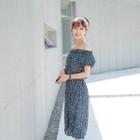 Off-shoulder Gathered-waist Floral Long Dress