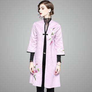 Stand Collar Frog-button Embroidery Long Top