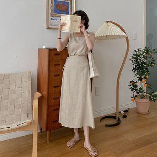 Set: Square-neck Sleeveless Top + Linen Blend Wrap Skirt