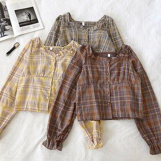 Single-breasted Ruffled-trim Plaid Flare-sleeve Blouse