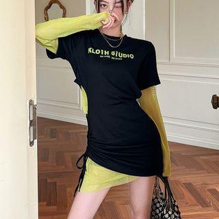 Short-sleeve Lettering Cut-out Mini T-shirt Dress / Long-sleeve Mesh Mini Dress