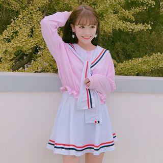 Set: Sailor Collar Long-sleeve Top + Striped Trim A-line Skirt