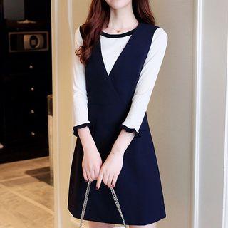 Set: Ruffle Trim 3/4-sleeve Top + Sleeveless A-line Dress