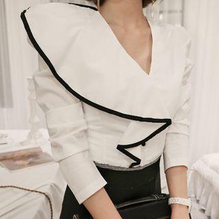 Contrast Piping Ruffled V-neck Long-sleeve Blouse