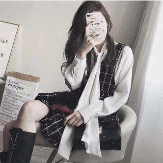 Set: Bow Accent Blouse + Tweed Pinafore Dress