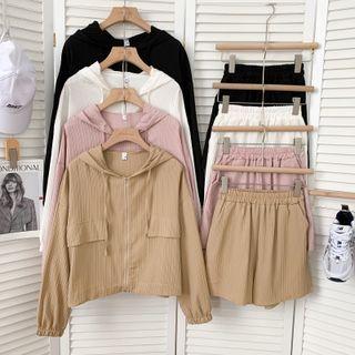 Set: Drawstring-hem Hooded Jacket + Wide-leg Shorts