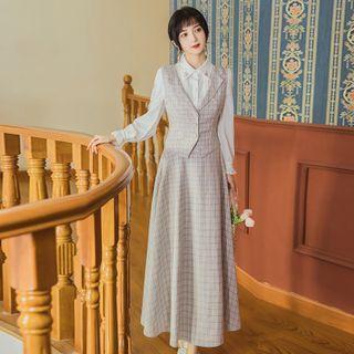 Flower Embroidered Shirt / Plaid Single-breasted Vest / Maxi A-line Skirt / Set
