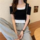 Color Block Mock Two Piece Short Sleeve Knitted Crop Top