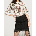 Set: Bell-sleeve Floral Print Top + Ruffle-hem Lace Midi Skirt