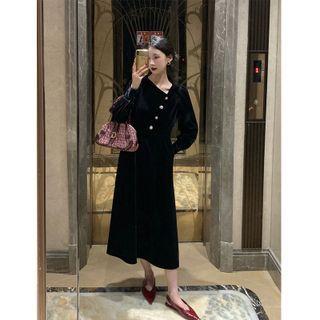 Long-sleeve Asymmetrical Velvet Midi A-line Dress