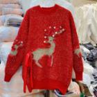 Round Neck Deer Print Loose Fit Sweater