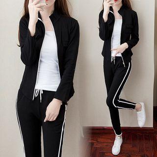 Set: Contrast Zipper Jacket + Striped Sweatpants
