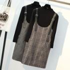 Set: Mock Neck Long-sleeve Knit Top + Plaid Jumper Dress